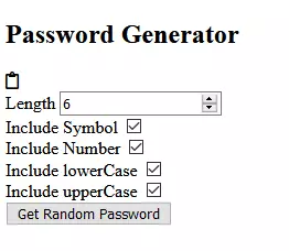 HTML output for random password generator