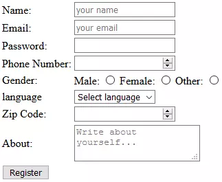 HTML output of registration form
