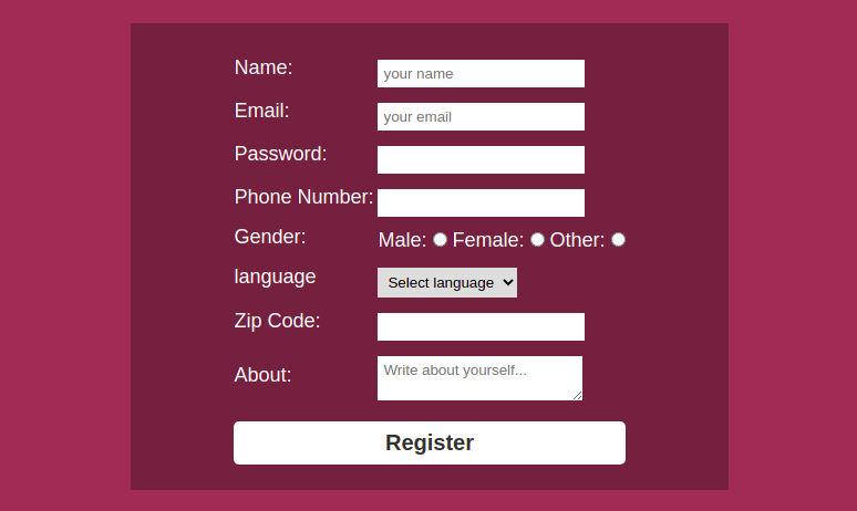 HTML Code for Registration Form with Validation card