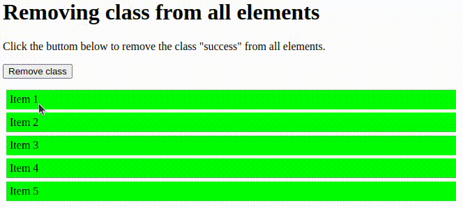 javascript remove class from all elements output